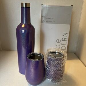 Simple Modern Shimmering Purple Wine Bottle and Tumbler Set NIB